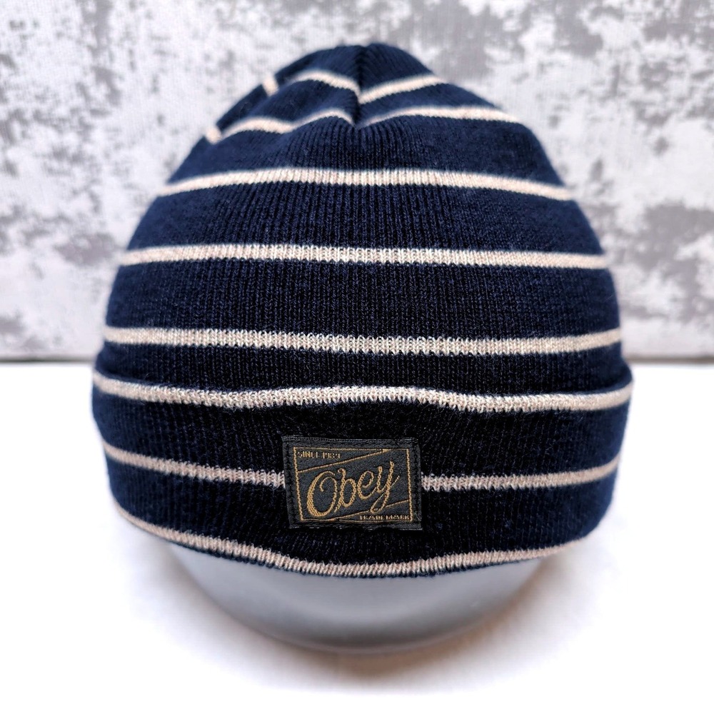 Obey Beanie Hat Navy Blue Tan Striped Cuffed Knit Streetwear One Size